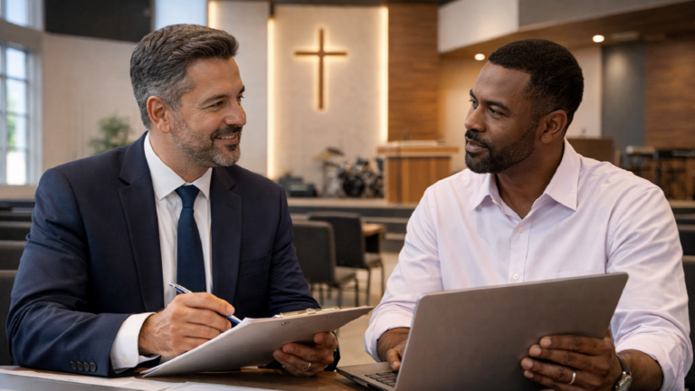Consultor jurídico em reunião com líder de igreja evangélica moderna, analisando documentos e notebook em ambiente contemporâneo, representando orientação sobre imunidade tributária e regularização fiscal para igrejas no Brasil.