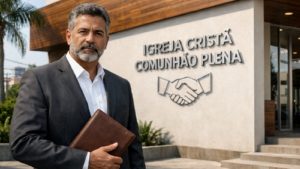 Consultor empresarial em frente a igreja cristã moderna no Brasil, com fachada contemporânea e placa “Igreja Cristã Comunhão Plena”, simbolizando orientação jurídica e consultoria sobre isenção de IPTU para igrejas.